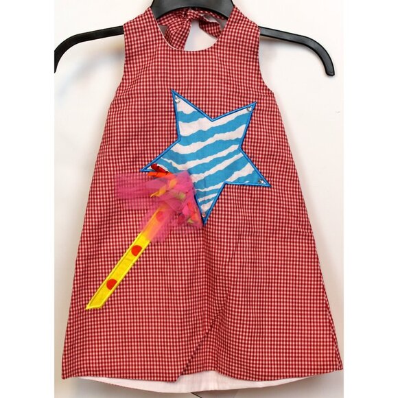 Potato Saks Red Gingham Halter Dress sz 4 Star Wand Ribbon Tulle Birthday July 4 - Picture 2 of 9